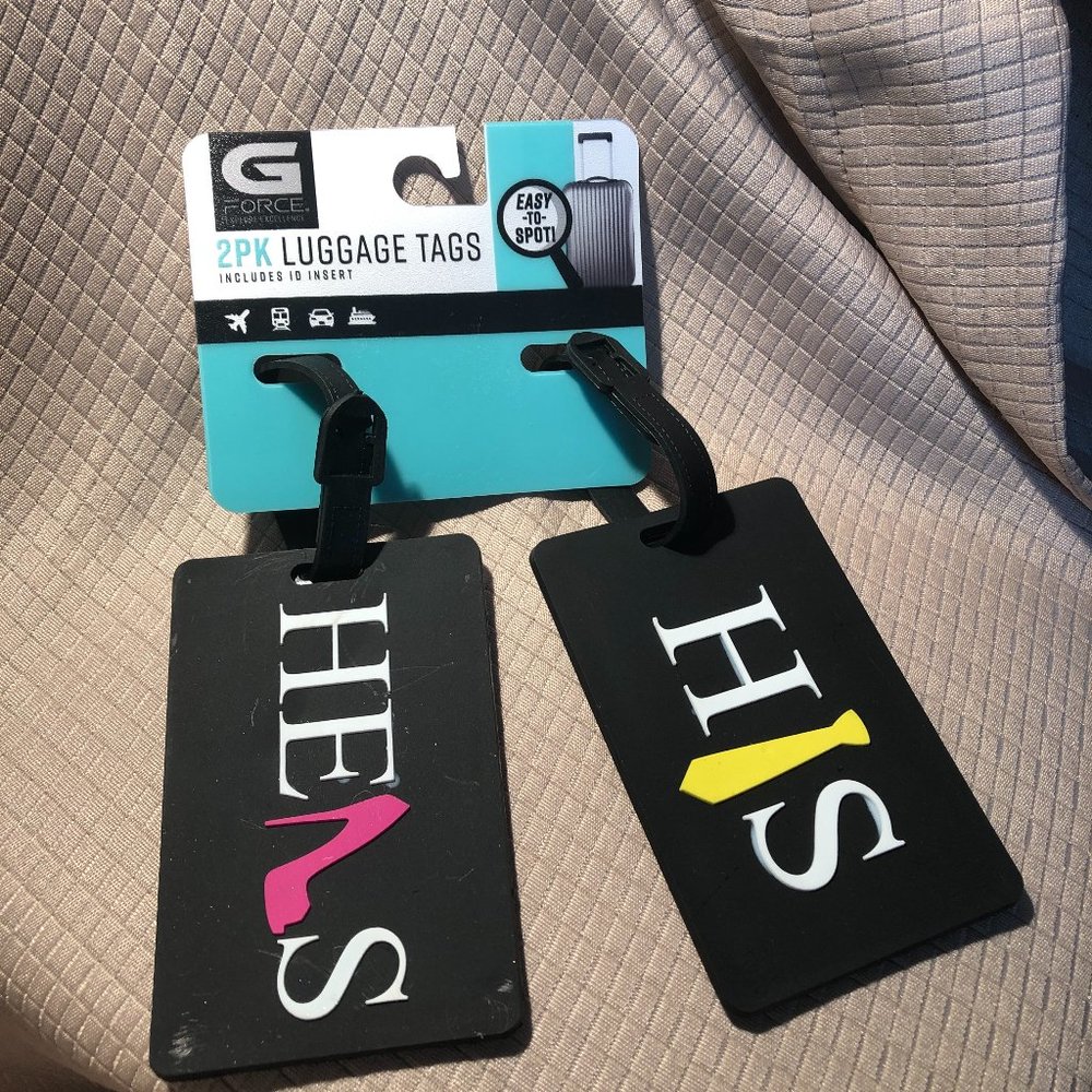 G Force luggage tags His/Her black white and pink/